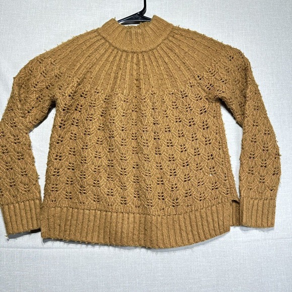 Madewell Pointelle Stitch Mix Mockneck Tan Sweater MA757 Knit Sz XS - Picture 1 of 9